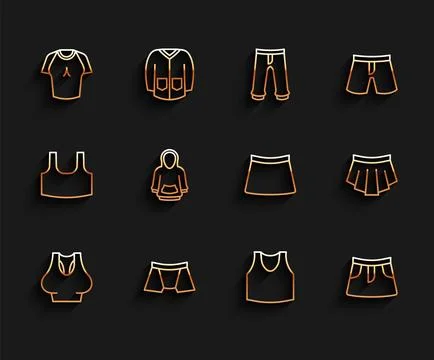 Set line Undershirt, Men underpants, T-shirt, Skirt, Hoodie, and icon. Vector Stock Illustration