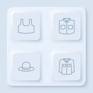 Set line Undershirt, Shirt, Man hat and . White square button. Vector Stock Illustration
