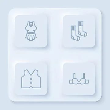 Set line Undershirt, Socks, Waistcoat and Bra. White square button. Vector Stock Illustration