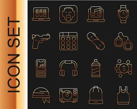 Set line Undershirt, Stacks paper money cash, Handcuffs, Laptop with music, Drum Stock Illustration