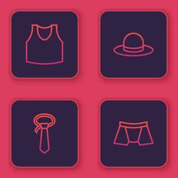 Set line Undershirt, Tie, Man hat and Men underpants. Blue square button. Vector Illustrazione stock