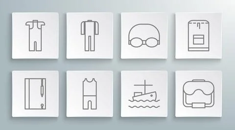 Set line Underwater note book and pencil, Wetsuit for scuba diving, Fishing.. Stock Illustration