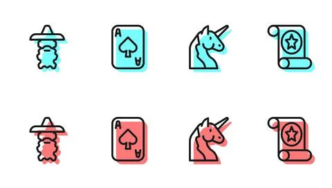 Set line Unicorn, Wizard warlock, Playing cards and Magic scroll icon. Vector Stock Illustration