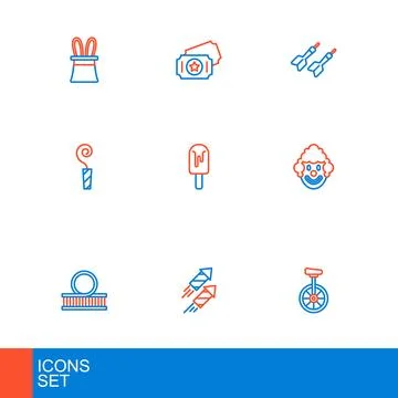 Set line Unicycle, Firework rocket, Roller coaster, Clown head, Birthday pa.. Stock Illustration