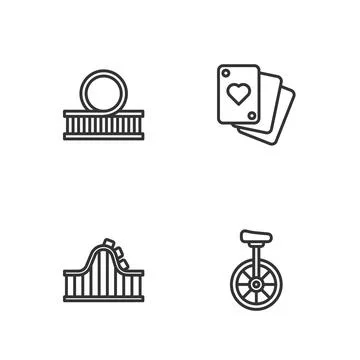 Set line Unicycle, Roller coaster,  and Playing cards icon. Vector Stock Illustration