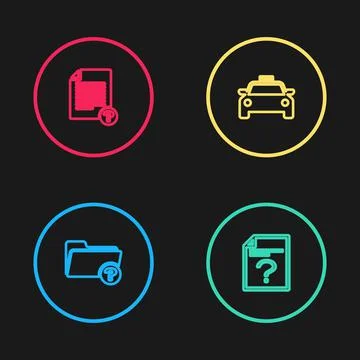 Set line Unknown directory, document, Taxi car and icon. Vector Stock Illustration
