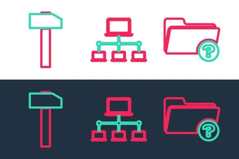 Set line Unknown directory, Hammer and Computer network icon. Vector Stock Illustration