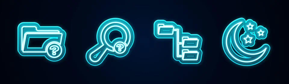 Set line Unknown directory, search, Folder tree and Moon and stars. Glowing neon Stock Illustration