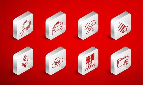 Set line Unknown directory, Taxi car, Two crossed hammers, Falling star, Mail Stock Illustration