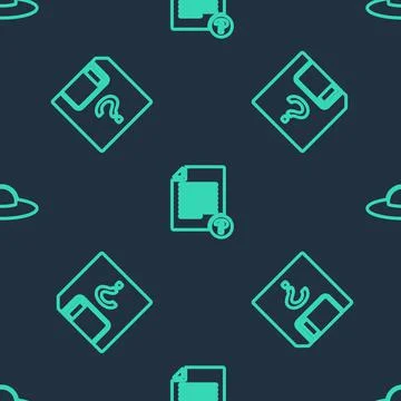 Set line Unknown document, and UFO flying spaceship on seamless pattern. Vector Stock Illustration