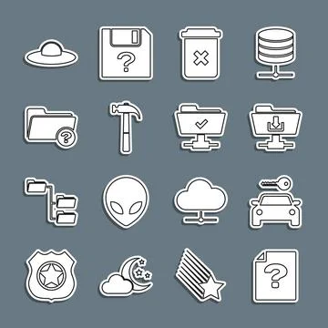 Set line Unknown document, Car rental, FTP folder download, Trash can, Hamm.. Stock Illustration