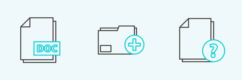 Set line Unknown document, DOC file and Add new folder icon. Vector 스톡 일러스트