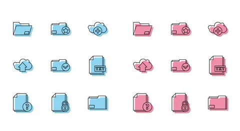 Set line Unknown document, Document and lock, folder, check mark, TXT file Illustrazione stock