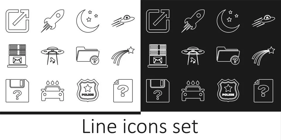 Set line Unknown document, Falling star, Moon and stars, UFO abducts cow, Mail Stock Illustration