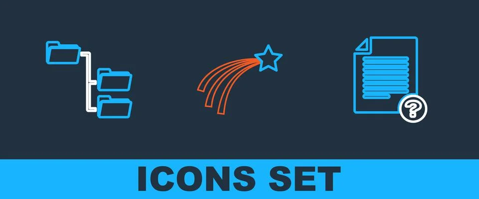 Set line Unknown document, Folder tree and Falling star icon. Vector Stock Illustration