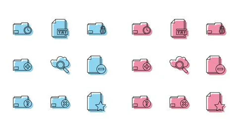 Set line Unknown document folder, Delete, Document with clock, star, Search Illustrazione stock