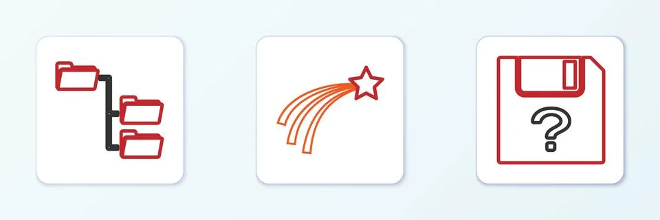 Set line Unknown document, Folder tree and Falling star icon. Vector Stock Illustration