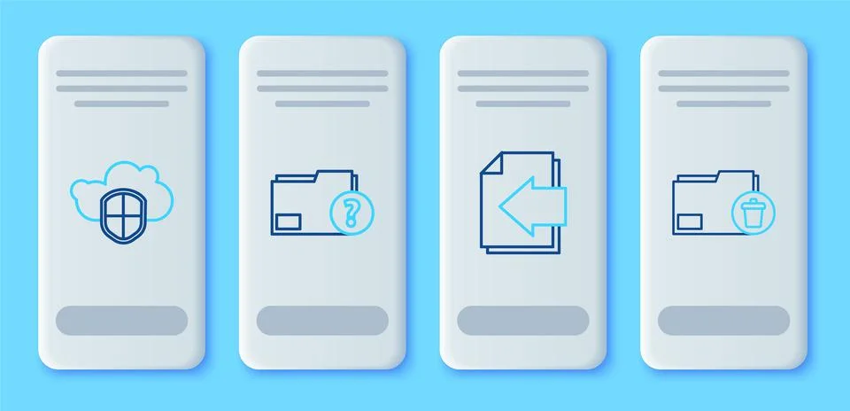 Set line Unknown document folder, Next page arrow, Cloud and shield and Delet Stock Illustration