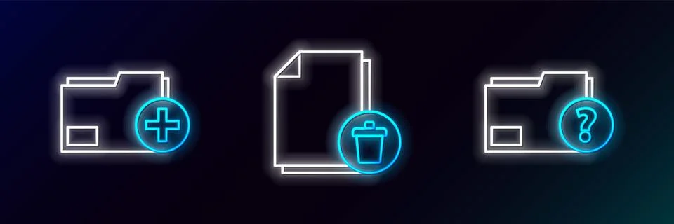 Set line Unknown document folder, Add new and Delete file icon. Glowing neo.. イラスト素材