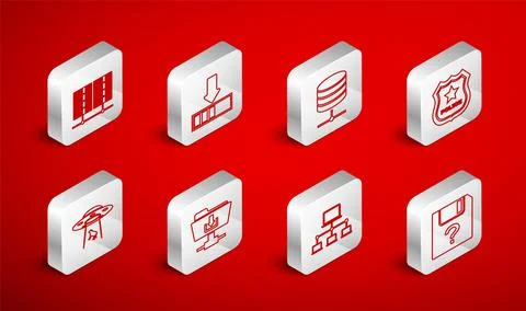 Set line Unknown document, Loading, Server, Data, Web Hosting, Police badge Stock Illustration