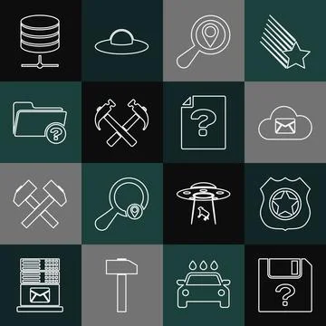 Set line Unknown document, Police badge, Cloud mail server, Search location, Two イラスト素材