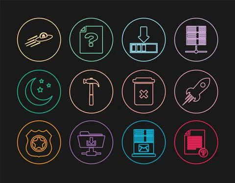 Set line Unknown document, Rocket ship with fire, Loading, Hammer, Moon and Stock Illustration