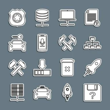 Set line Unknown document, Rocket ship with fire, Folder tree, Computer network 스톡 일러스트