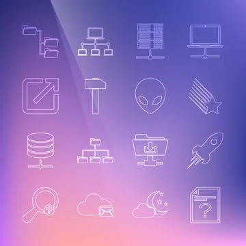 Set line Unknown document, Rocket ship with fire, Falling star, Server, Data, Stockillustratie
