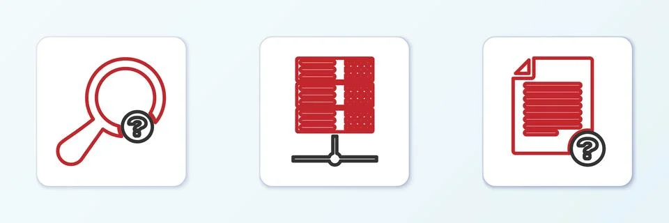Set line Unknown document, search and Server, Data, Web Hosting icon. Vector Illustrazione stock