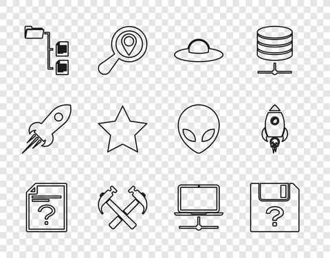 Set line Unknown document, UFO flying spaceship, Two crossed hammers, Folder Illustrazione stock