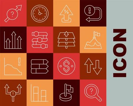 Set line Unknown search, Arrow, Mountains with flag, Percent up arrow, Graph Stock Illustration