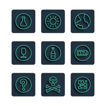 Set line Unknown search, Bones and skull warning, QR code, Worldwide, Bottle, Illustrazione stock