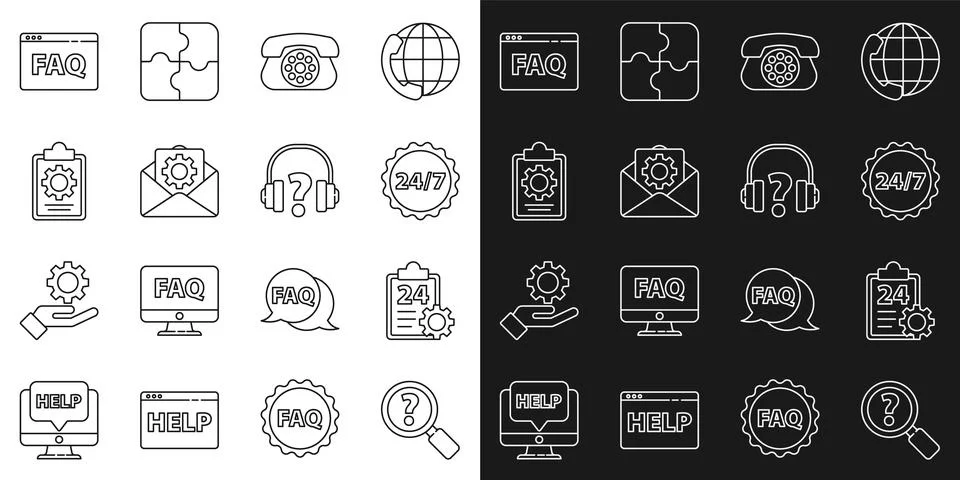 Set line Unknown search, Checklist with 24 hours service, Clock, Telephone,.. Stock Illustration