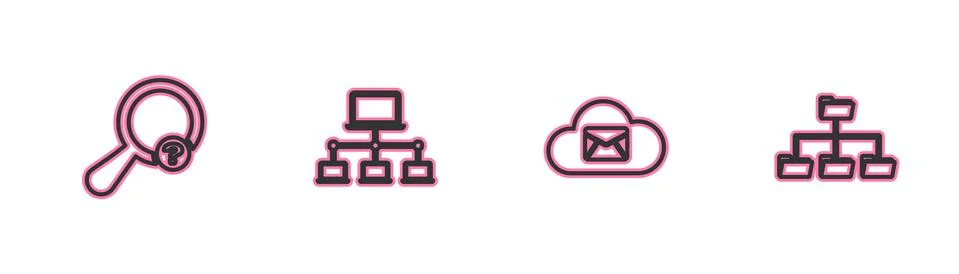 Set line Unknown search, Cloud mail server, Computer network and Folder tree Stock Illustration