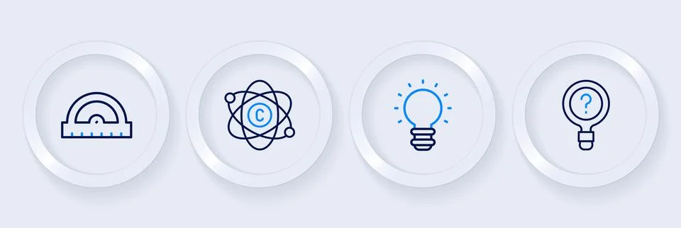 Set line Unknown search, Creative lamp light idea, Atom and Protractor grid.. Stock Illustration