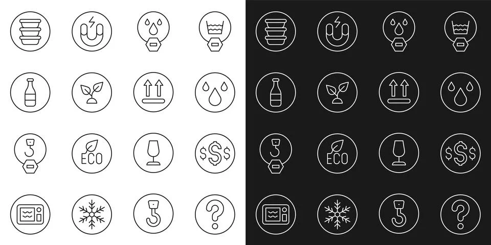 Set line Unknown search, Dollar symbol, Water drop, forbidden, Plant based,.. Stock Illustration