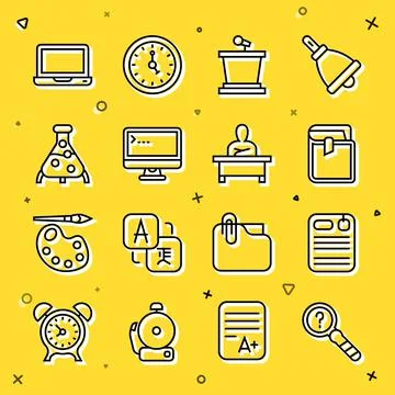 Set line Unknown search, Dossier folder, Book, Stage stand, Computer monitor Stock Illustration