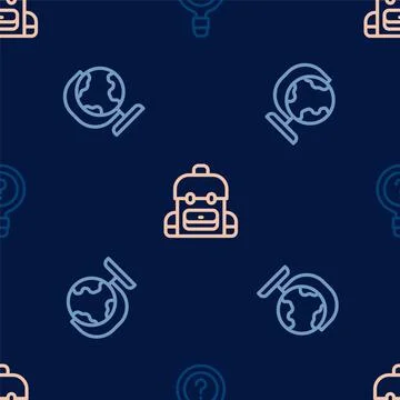 Set line Unknown search, Earth globe and School backpack on seamless pattern Stock Illustration