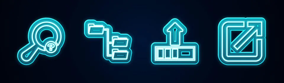 Set line Unknown search, Folder tree, Loading and Open new window. Glowing ne Stock Illustration