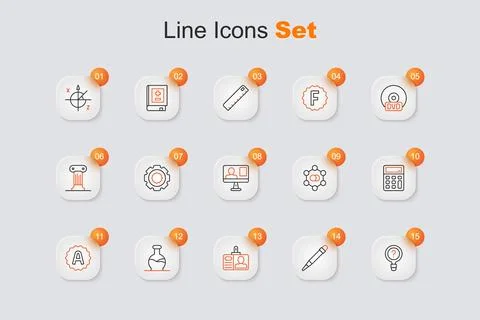 Set line Unknown search, Pencil with eraser, Identification badge, Test tub.. Ilustração Stock