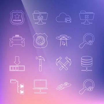 Set line Unknown search, Server, Data, Web Hosting, Search location, Cloud mail Stock Illustration