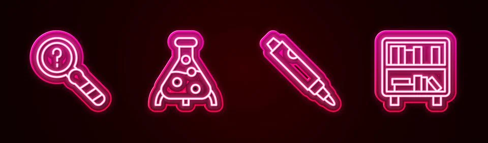 Set line Unknown search, Test tube and flask, Marker pen and Shelf with books Stock Illustration