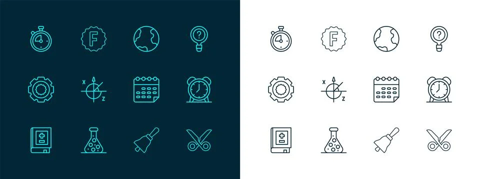 Set line Unknown search, Test tube, School timetable, Ringing bell, Trigono.. Stock Illustration