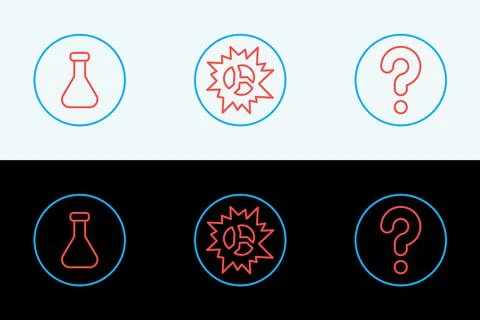 Set line Unknown search, Test tube and flask and Bomb explosion icon. Vector イラスト素材