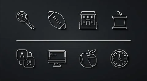 Set line Unknown search, Translator, Stage stand, Apple, Computer monitor Stock Illustration