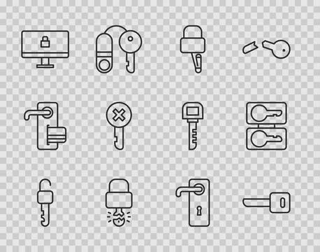 Set line Unlocked key, Key, Lock picks for picking, broke inside of padlock, on Stock Illustration