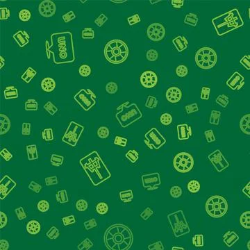 Set line Uno card game, Mahjong pieces and Casino chip on seamless pattern Stock Illustration