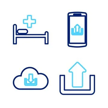 Set line Upload, Cloud download, Smartphone with upload and Hospital bed ic.. Illustrazione stock
