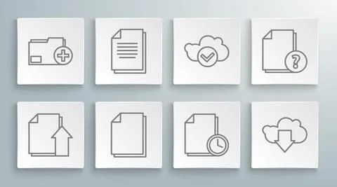 Set line Upload file document, Document, with clock, Cloud download, check mark Illustrazione stock