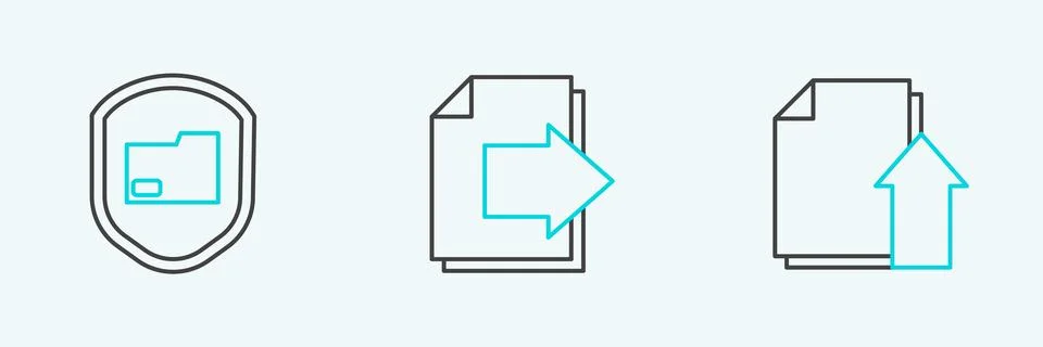 Set line Upload file document, Document folder protection and Next page arrow Stock Illustration